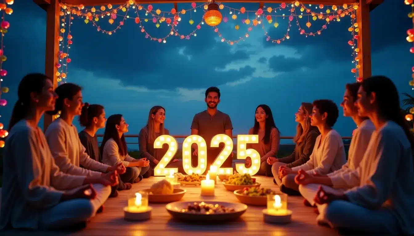 Groupe célébrant 2025 avec guirlandes et bougies.
