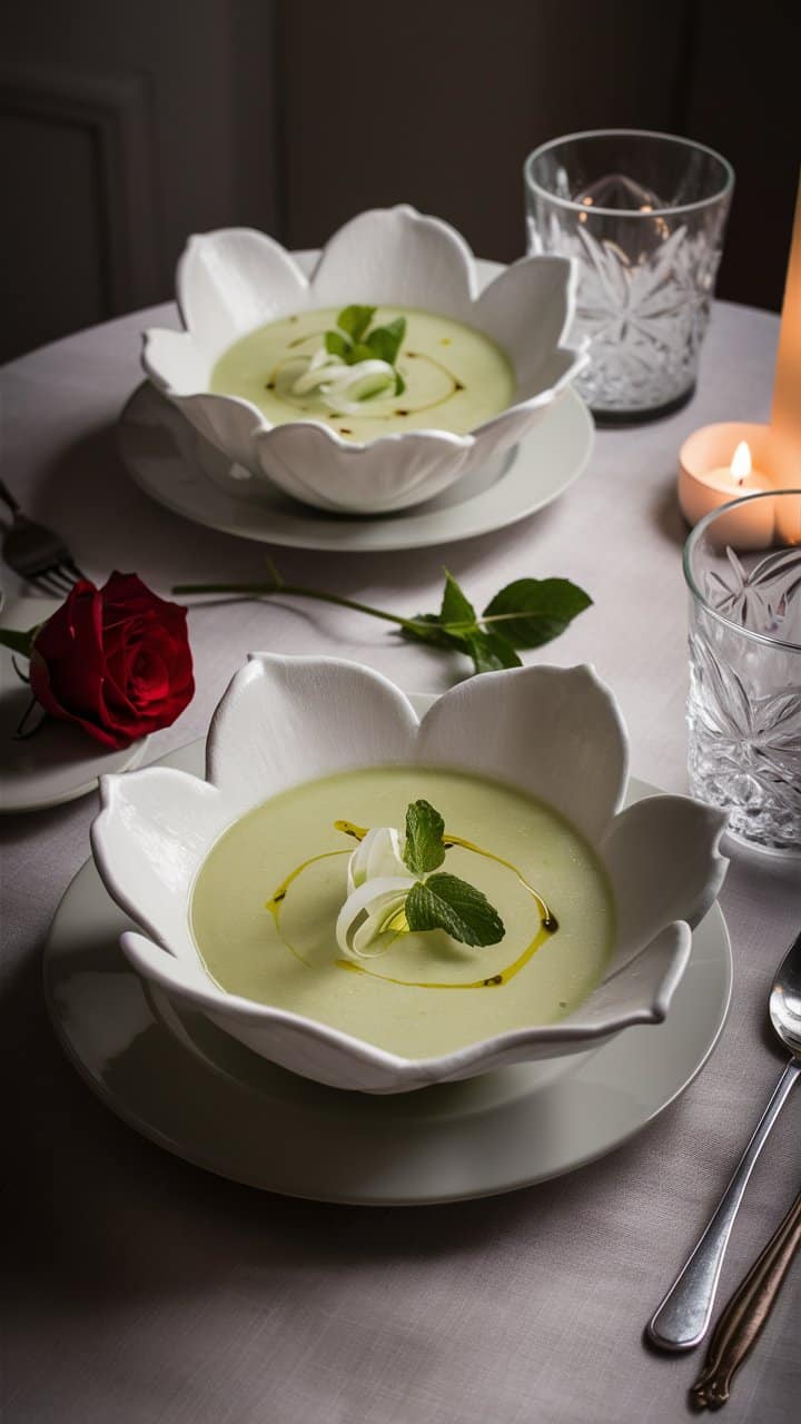 Deux soupes vertes avec décorations florales.