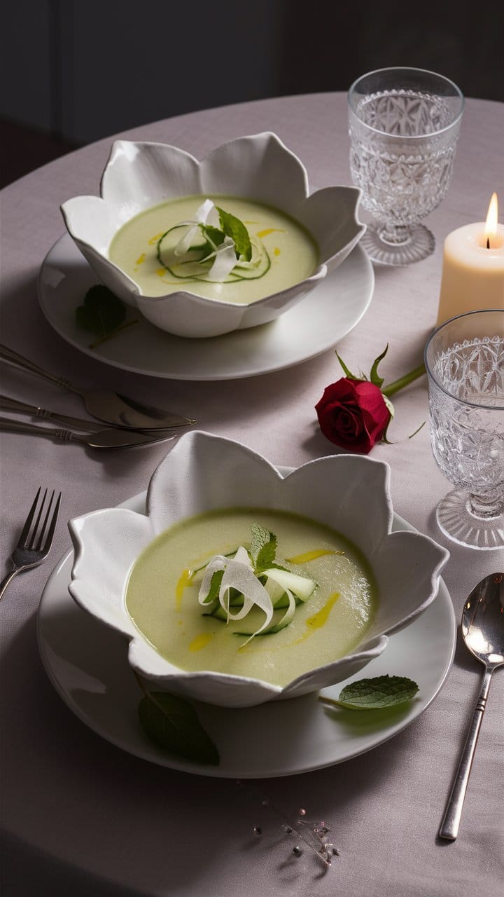 Soupe verte, présentation élégante, ambiance romantique.
