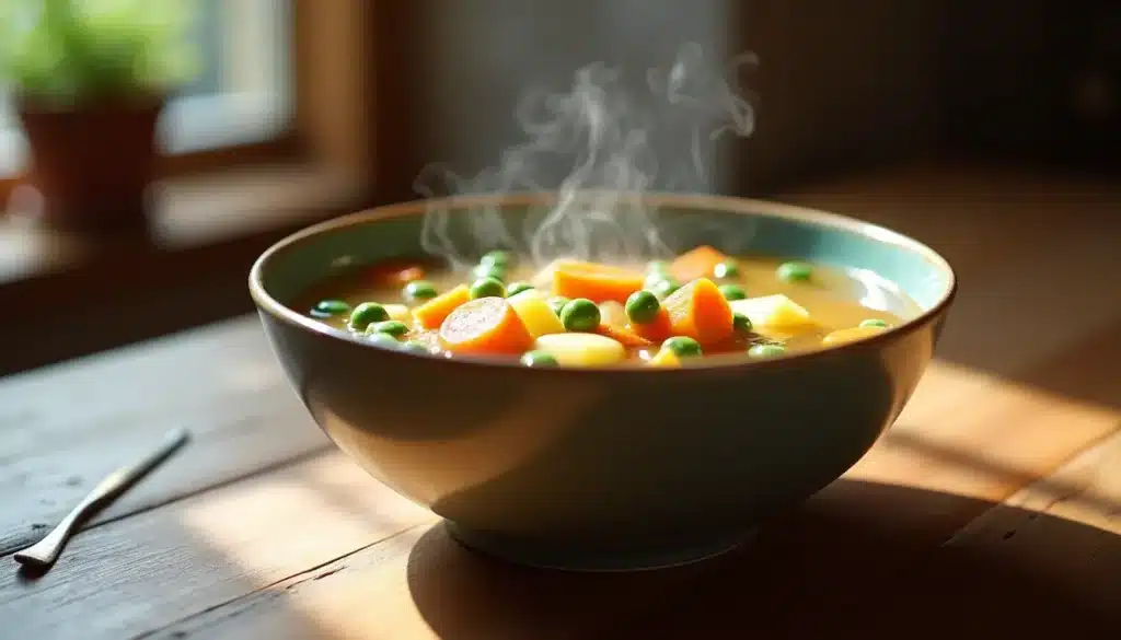 Bol de soupe de légumes fumante sur table.