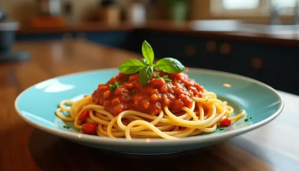 Spaghetti sauce tomate basilic sur assiette bleue