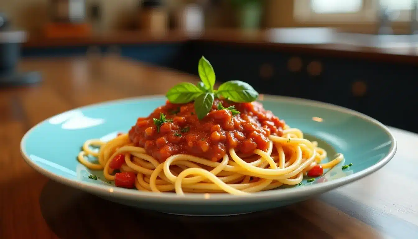Spaghetti sauce tomate basilic sur assiette bleue