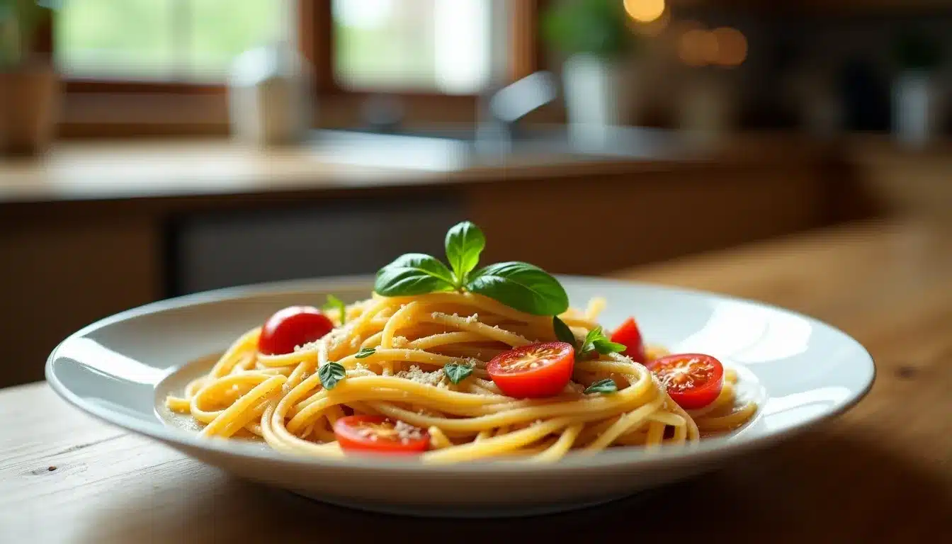 Spaghetti aux tomates cerises et basilic frais.