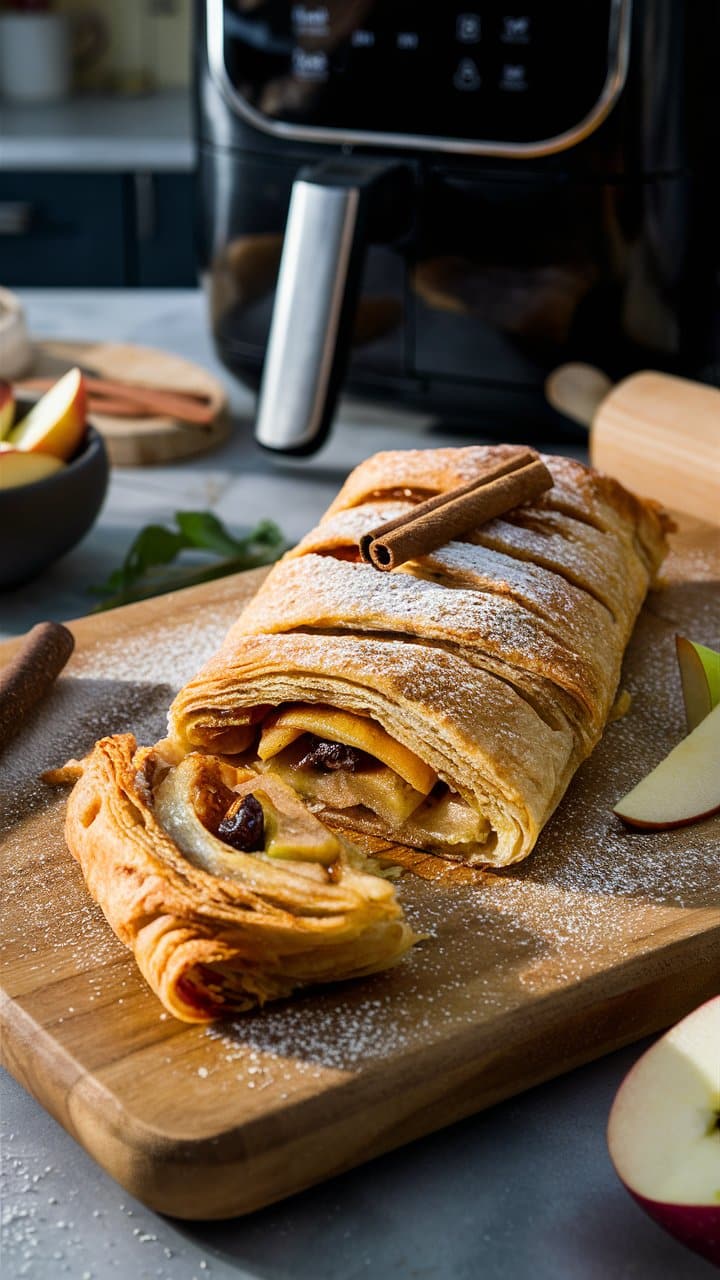 Strudel aux pommes et cannelle sur planche en bois.