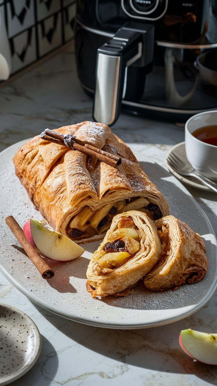 Strudel aux pommes avec cannelle et tasse de thé.