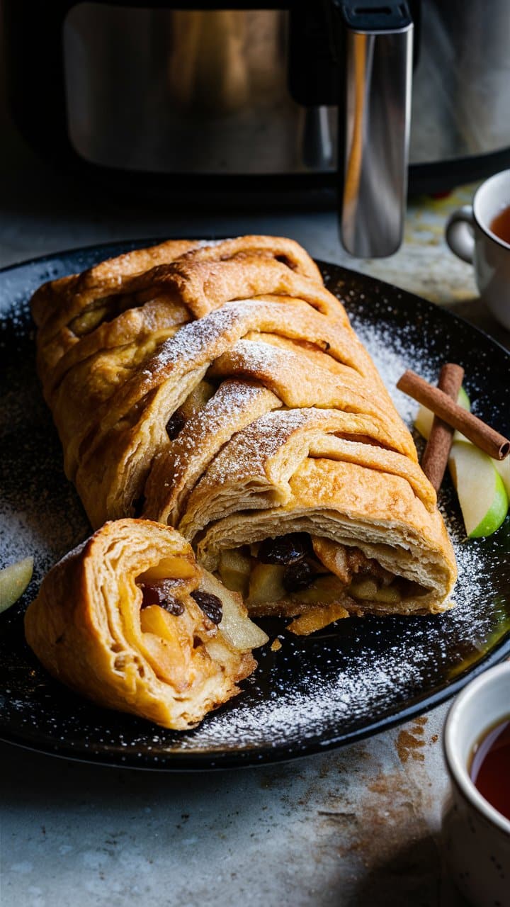 Strudel aux pommes et raisins sur assiette noire.