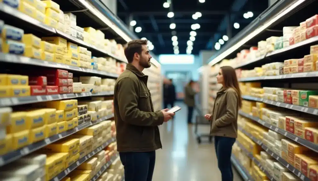 Personnes choisissant du beurre dans un supermarché.