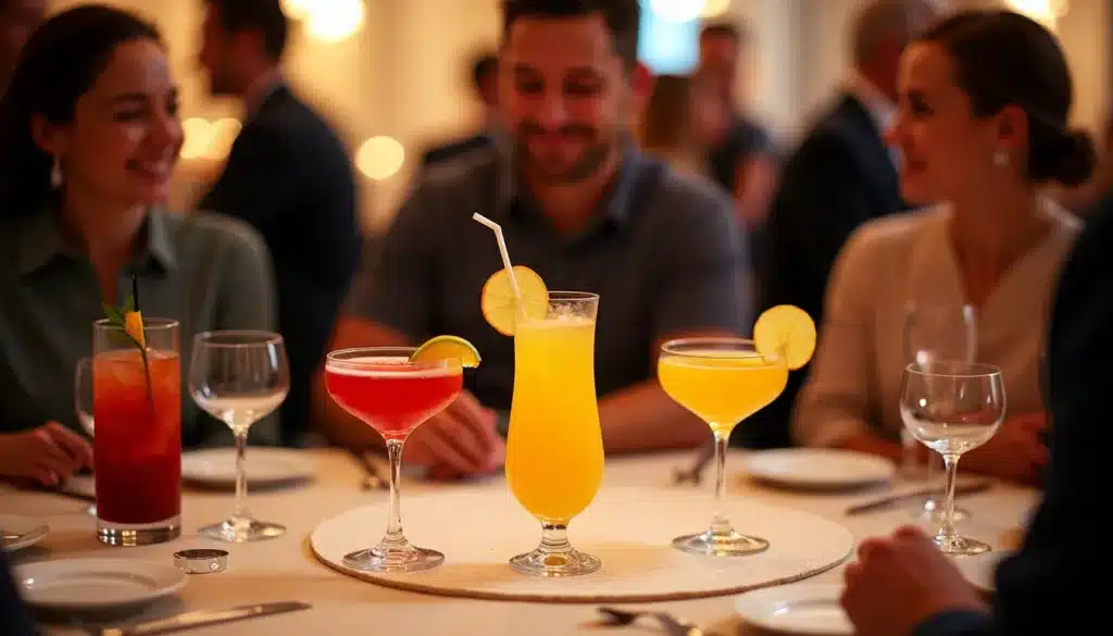 Personnes buvant des cocktails autour d'une table élégante.
