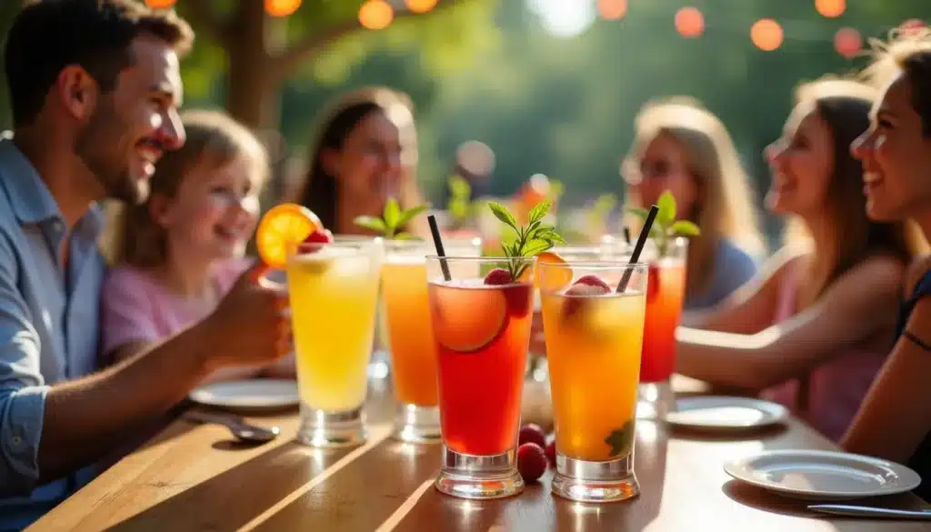 Groupe d'amis partageant des cocktails en terrasse.