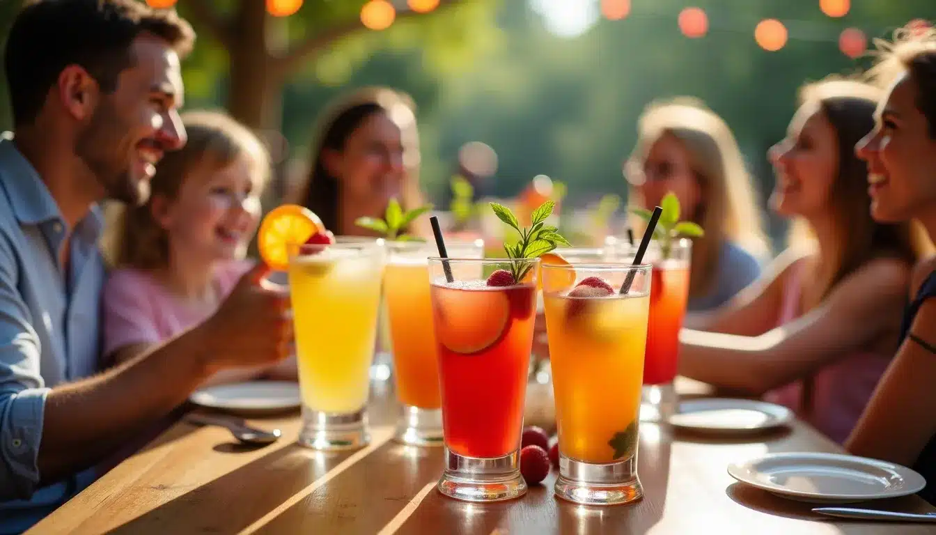 Groupe d'amis partageant des cocktails en terrasse.