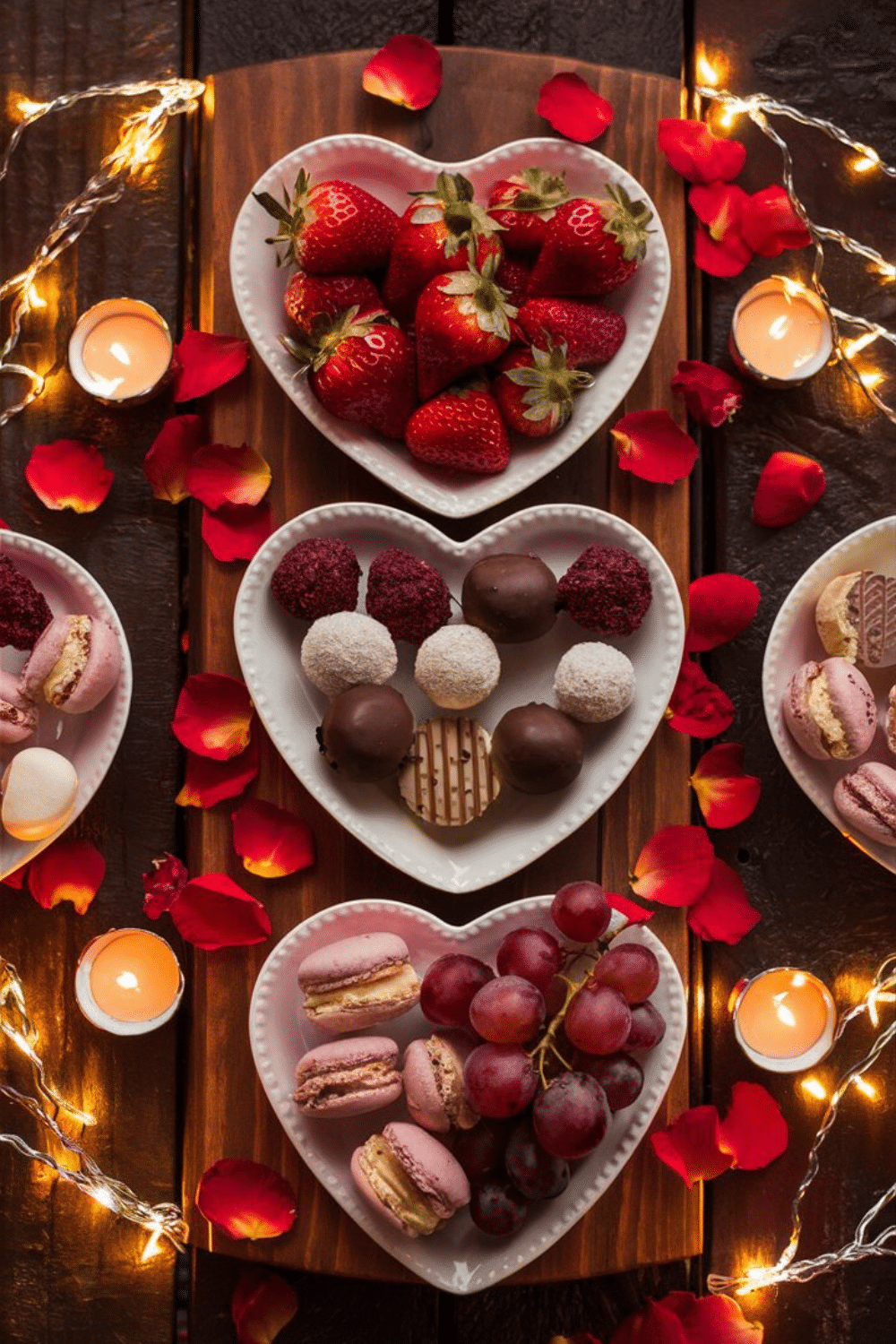 Assiettes cœur avec fruits, pétales et bougies.