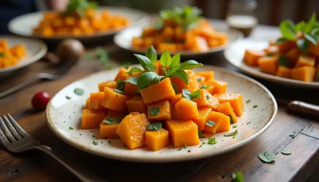 Salade de courge butternut garnie d'herbes fraîches.