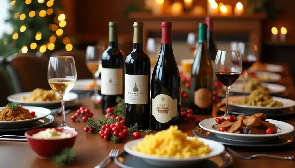 Table de fête avec vins et plats variés.