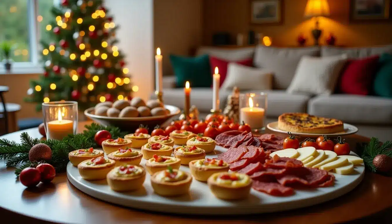 Buffet de Noël avec décorations lumineuses.