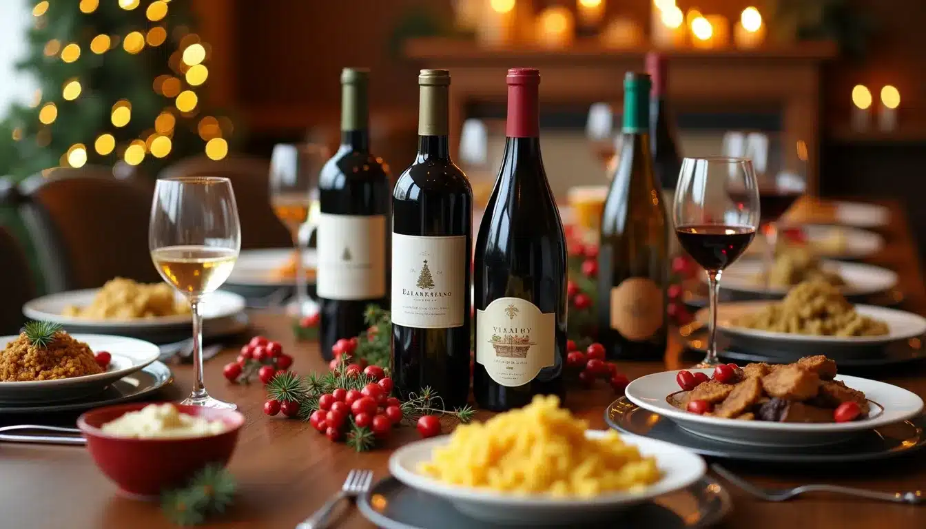 Table de fête avec vins et plats variés.