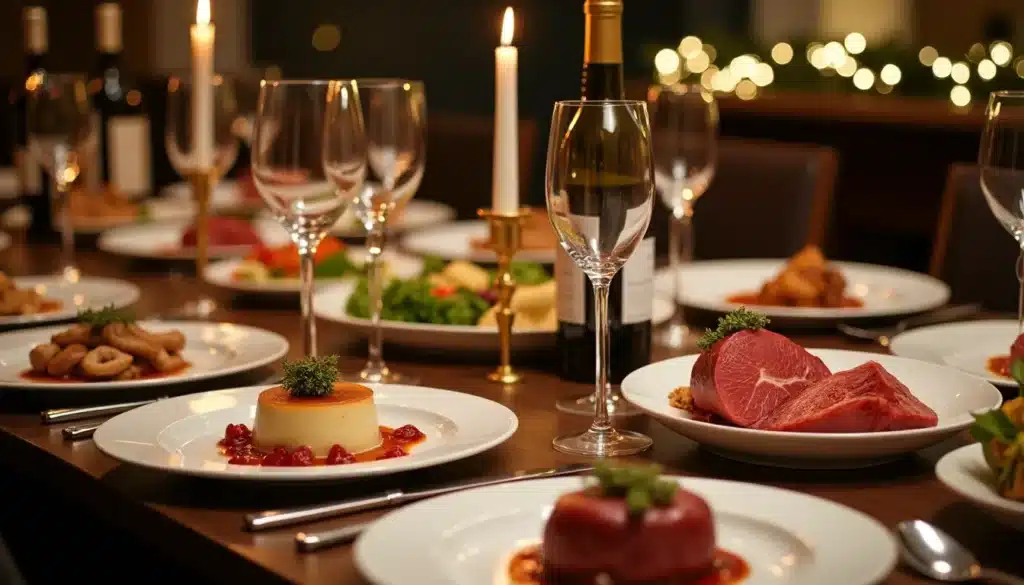 Table dressée avec repas gastronomique et bougies