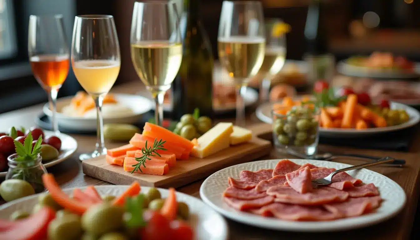 Table avec charcuterie, fromage et vin