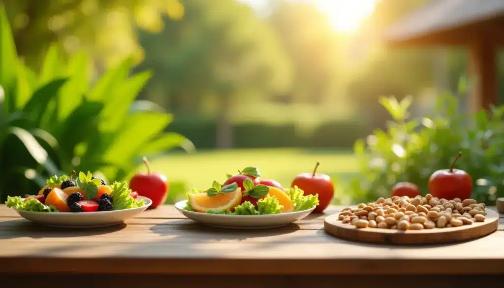 Assiette de fruits et noix en plein air.