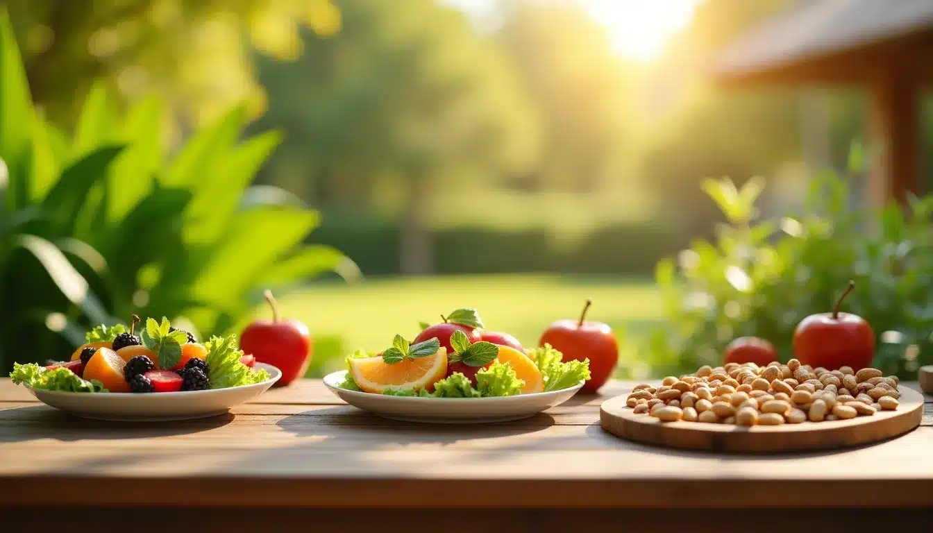 Assiette de fruits et noix en plein air.