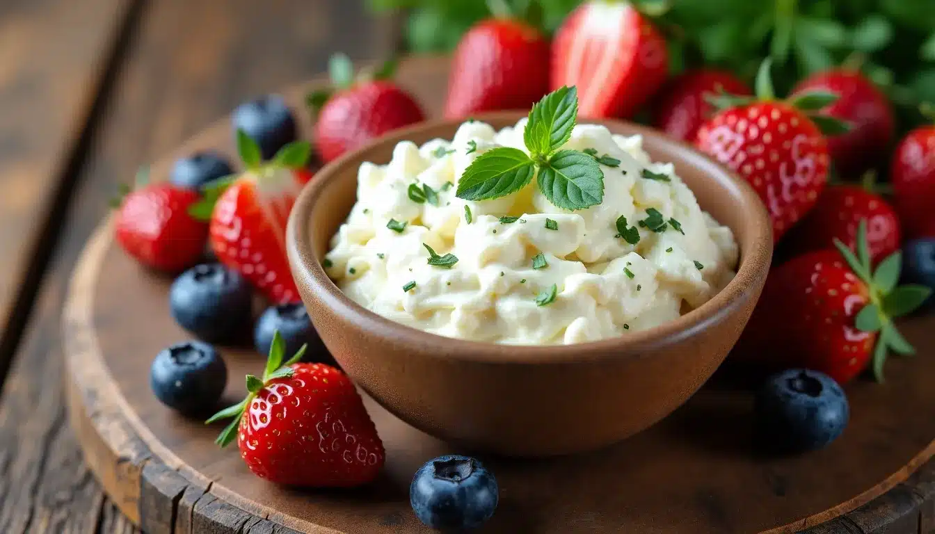 Salade de fruits rouges et crème en bol.