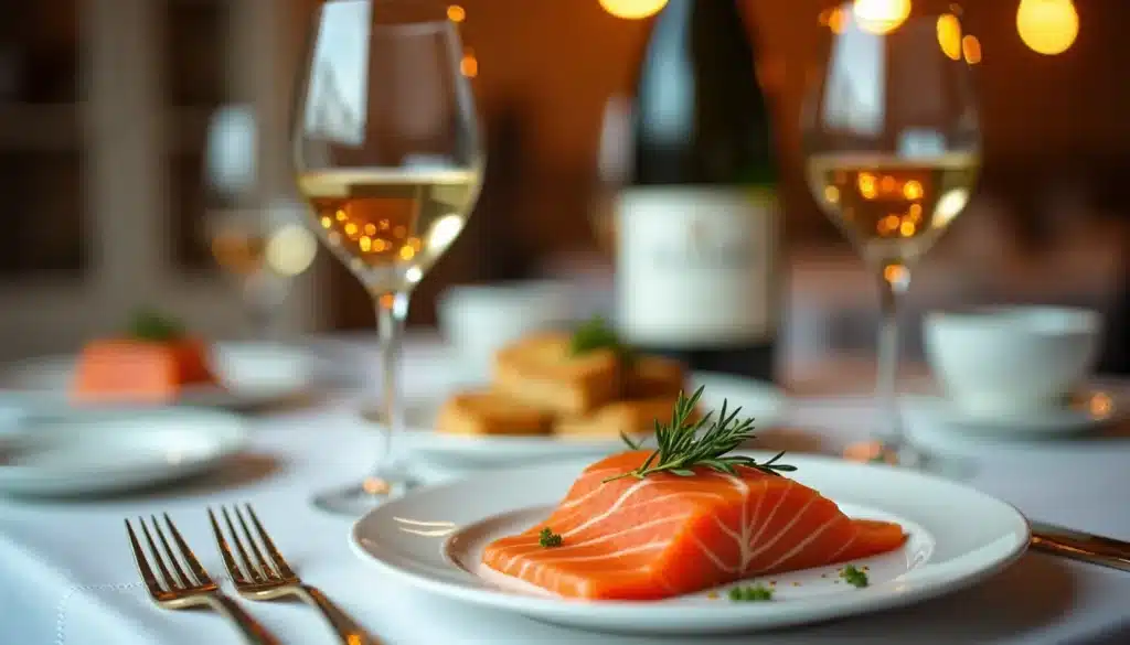 Plat de saumon et vin blanc servi.