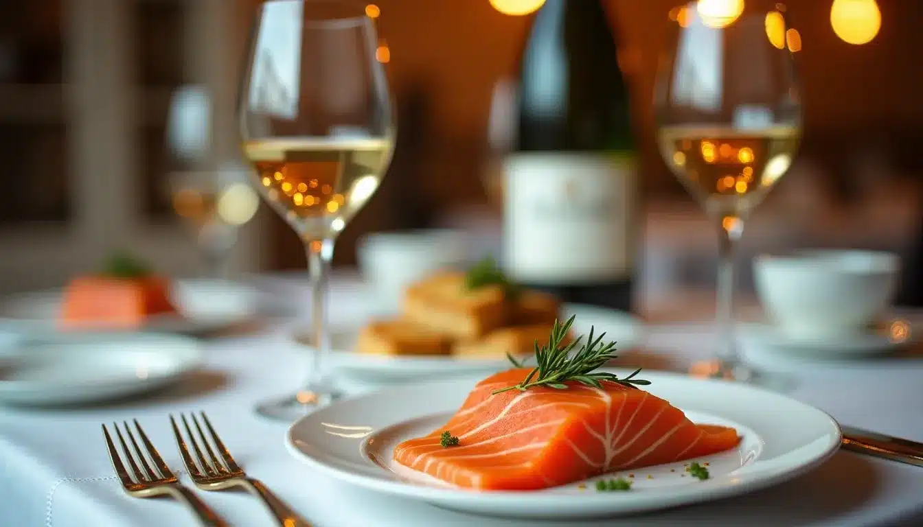 Plat de saumon et vin blanc servi.