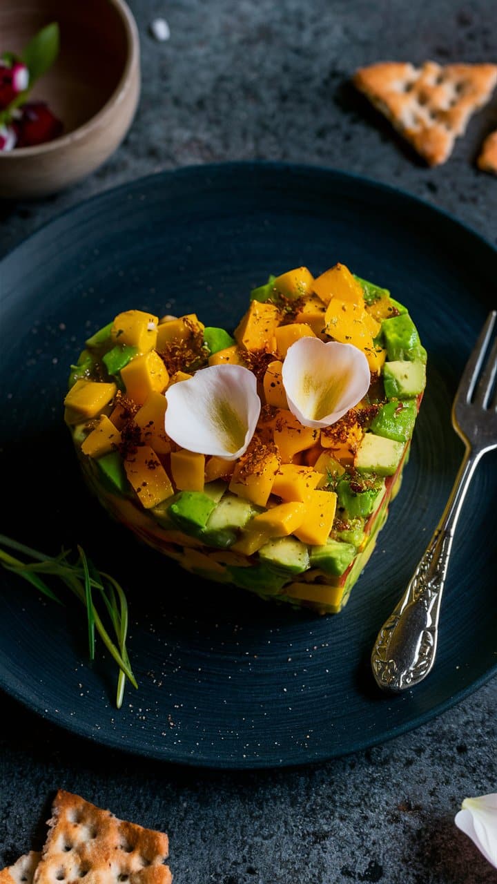 Salade avocat mangue, présentation élégante sur assiette noire.
