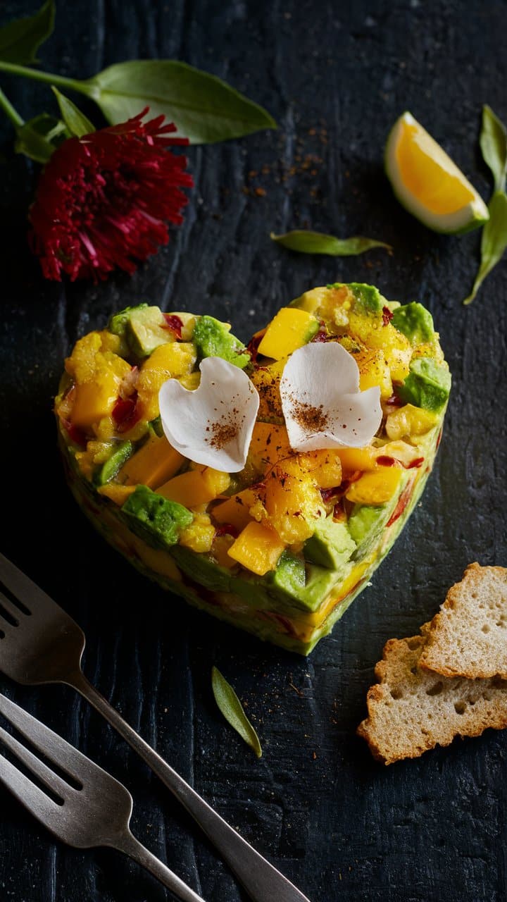 Tartare cœur avocat mangue avec fleur et pain.