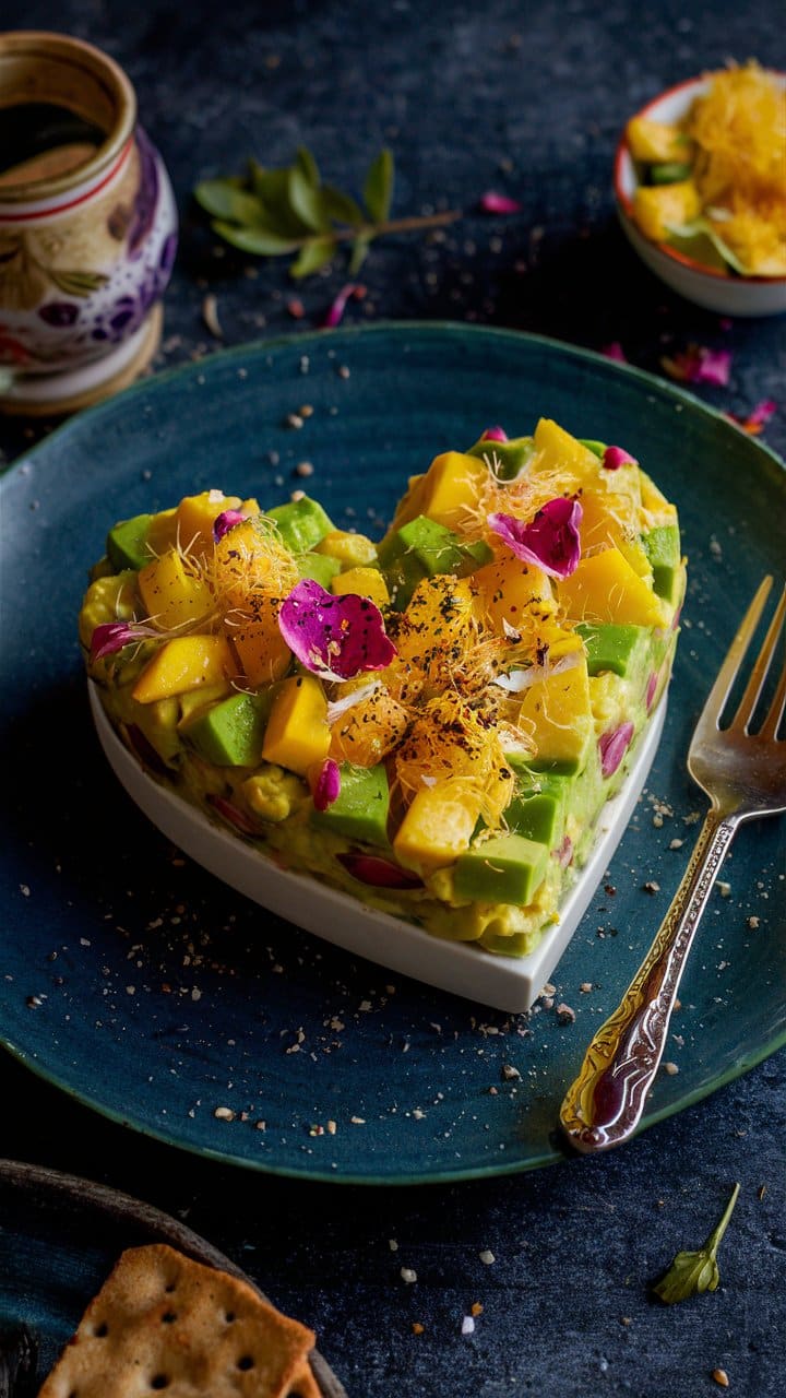 Salade d'avocat et mangue en forme de cœur.