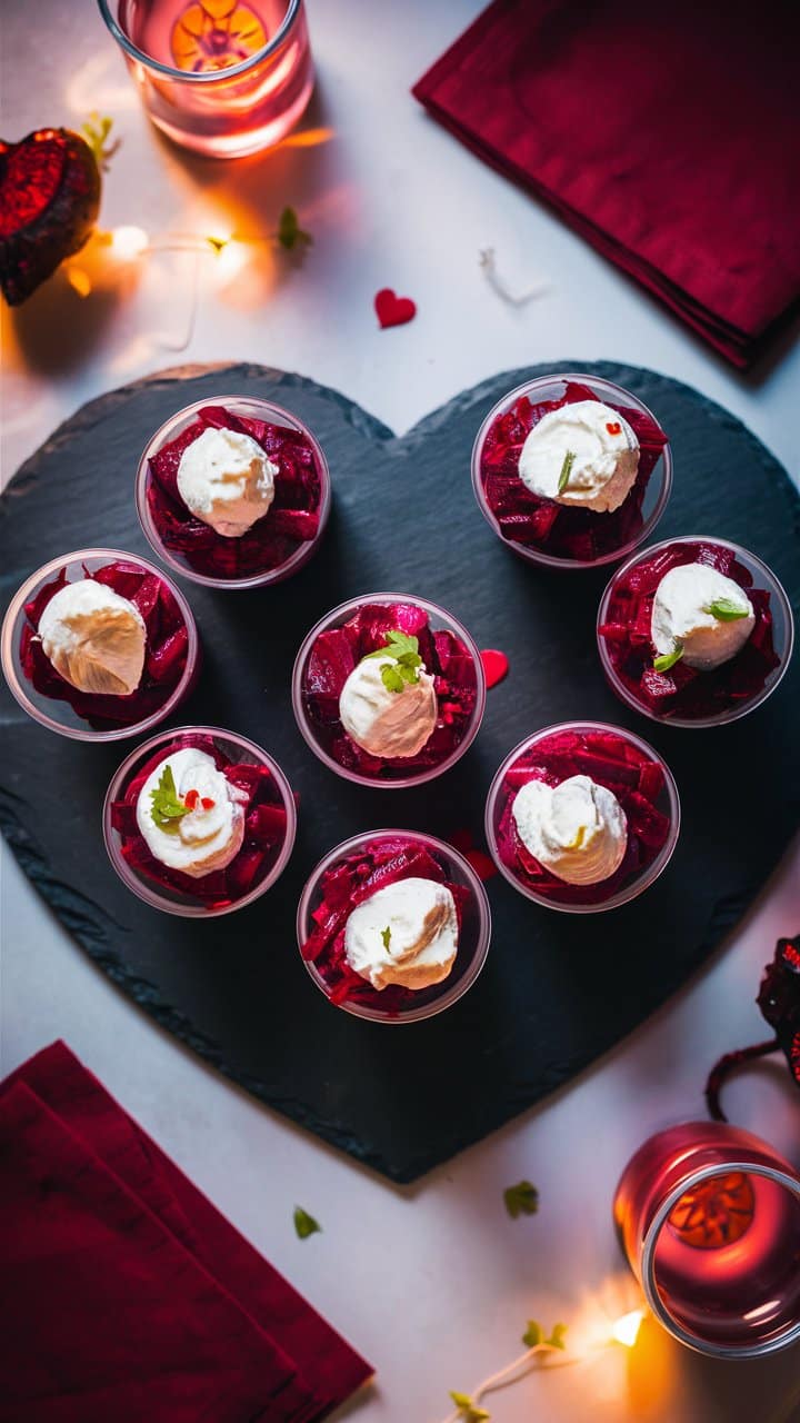 Desserts à la betterave avec chantilly sur ardoise.