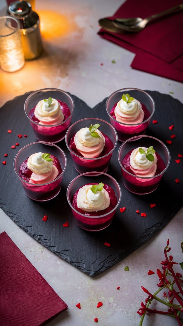 Desserts roses avec crème sur ardoise en forme de cœur.