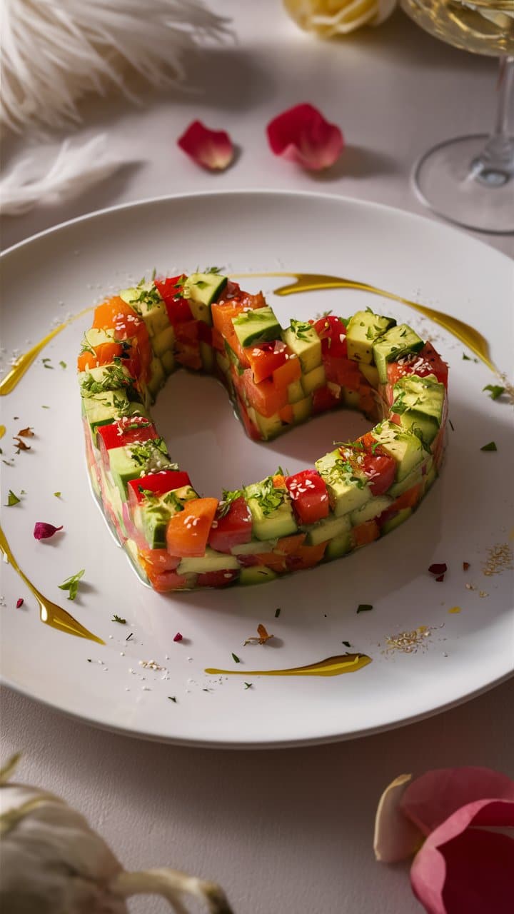 Cœur de légumes colorés sur assiette blanche élégante.
