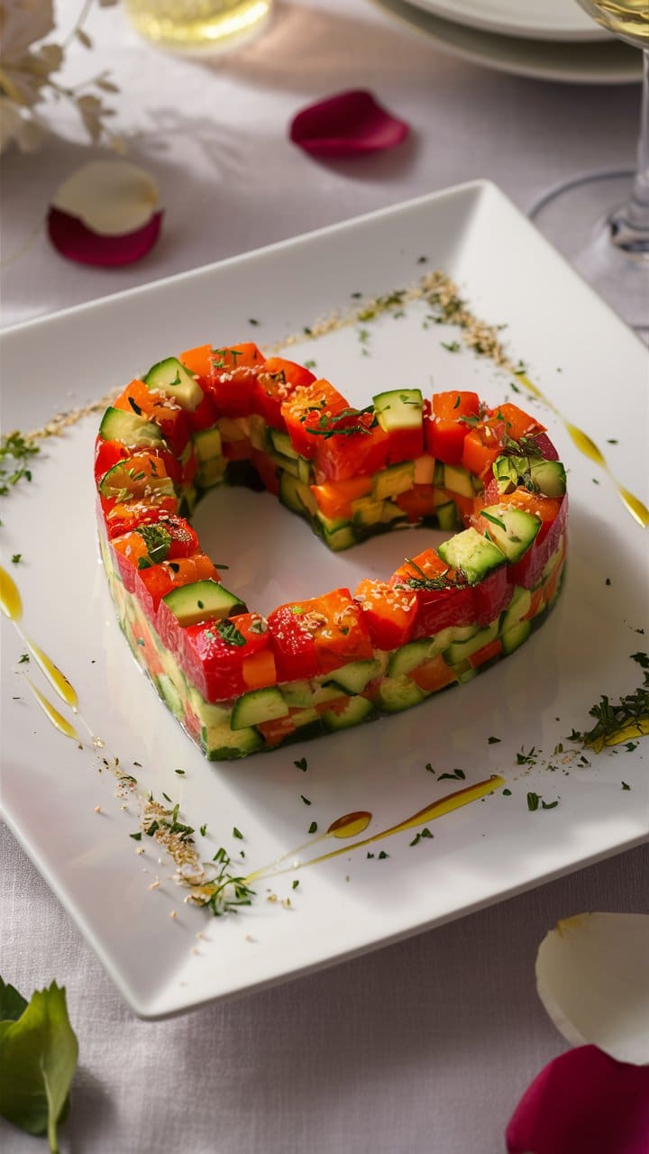 Salade colorée en forme de cœur sur assiette blanche.