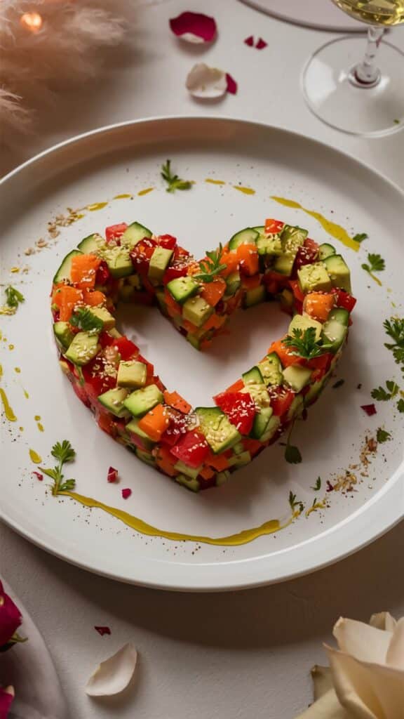 Tartare de légumes en forme de cœur.