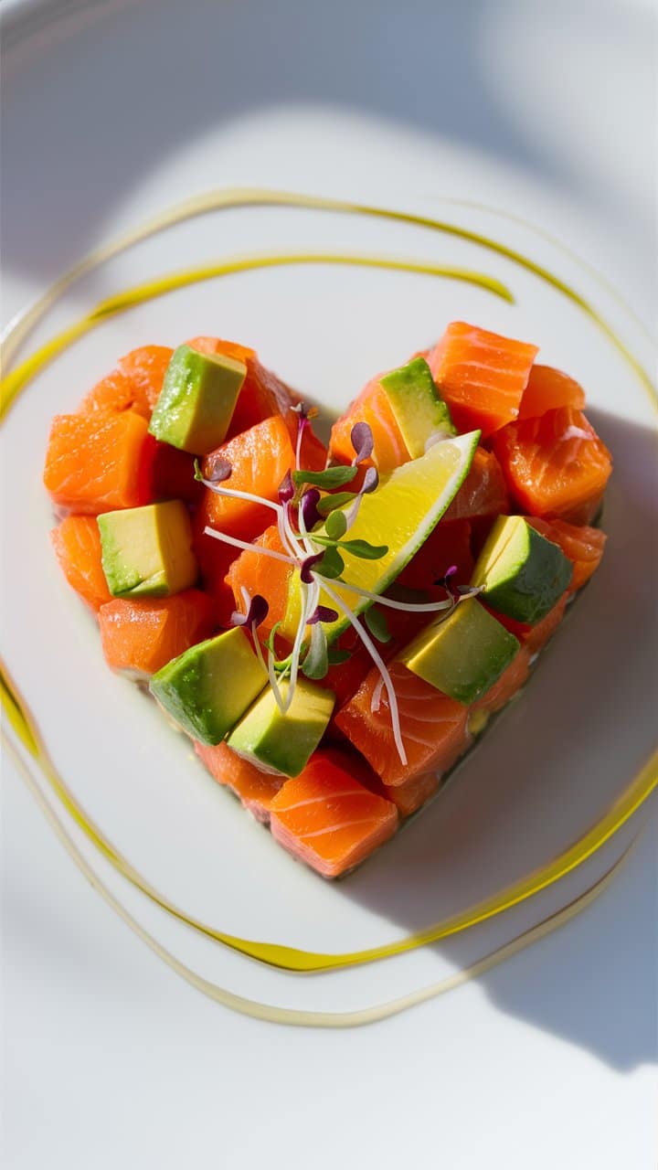 Tartare de saumon et avocat en forme de cœur.