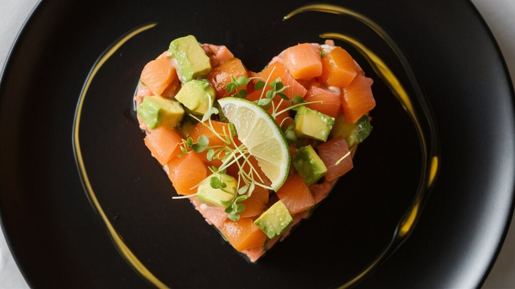 Tartare saumon avocat en forme de cœur.