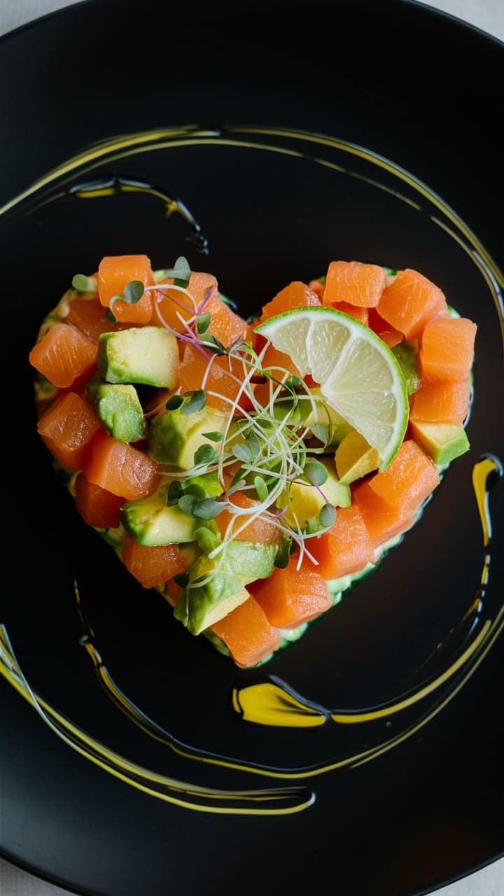 Tartare de saumon en forme de cœur, avocat, citron.
