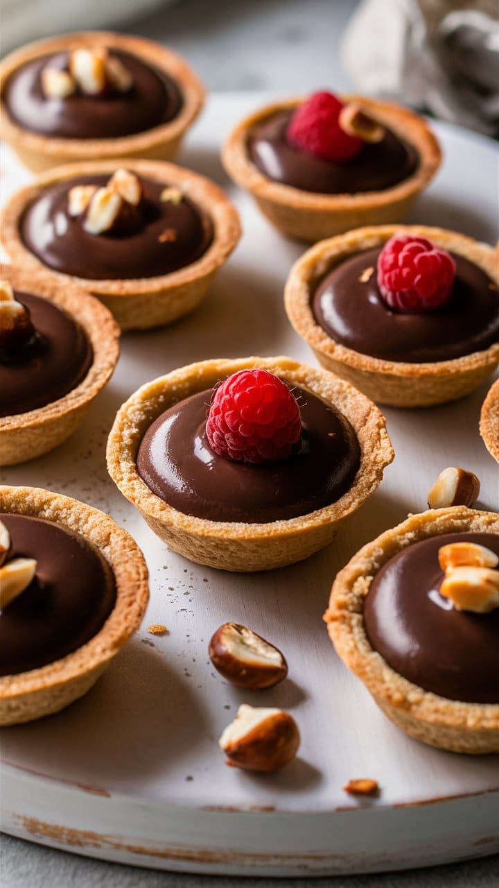Tartelettes chocolat framboise et cacahuètes sur assiette blanche