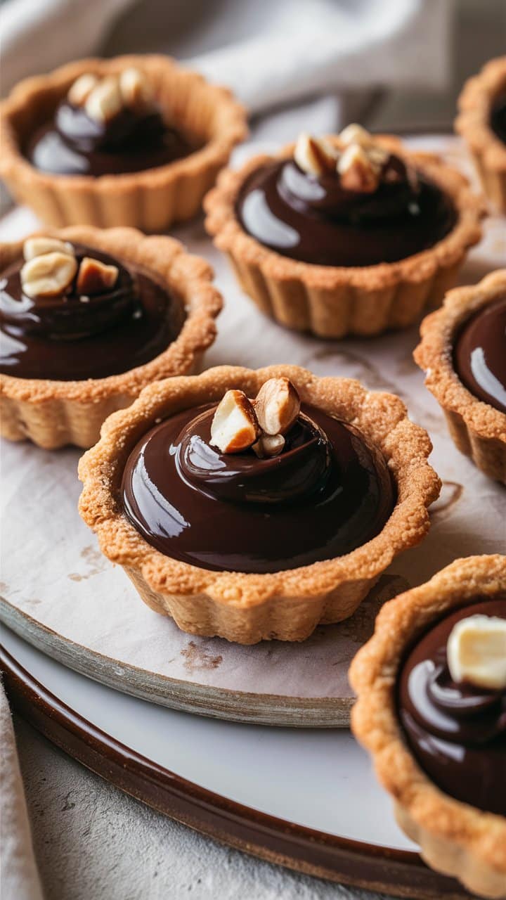 Tartelettes chocolat noix sur assiette blanche.