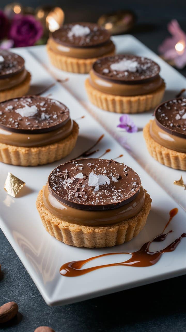 Tartelettes chocolat caramel sur plateau blanc.