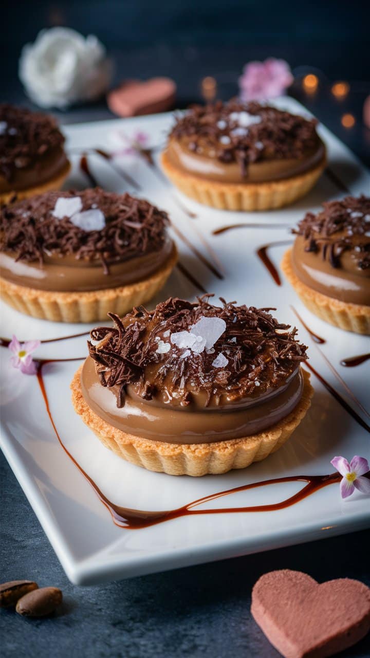 Tartelettes chocolat et caramel sur assiette blanche décorée.