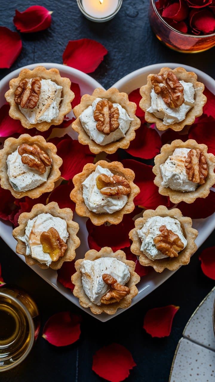 Tartelettes noix et fromage sur pétales rouges.