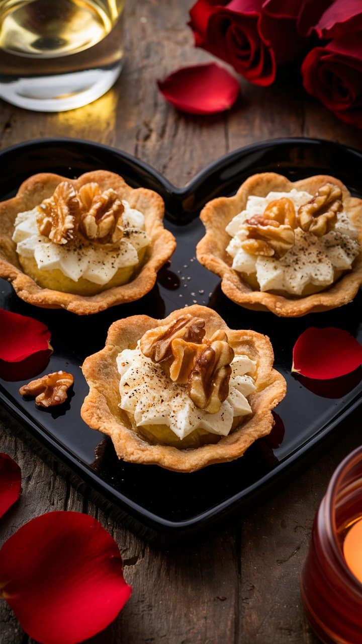 Tartelettes au fromage et noix sur assiette cœur.