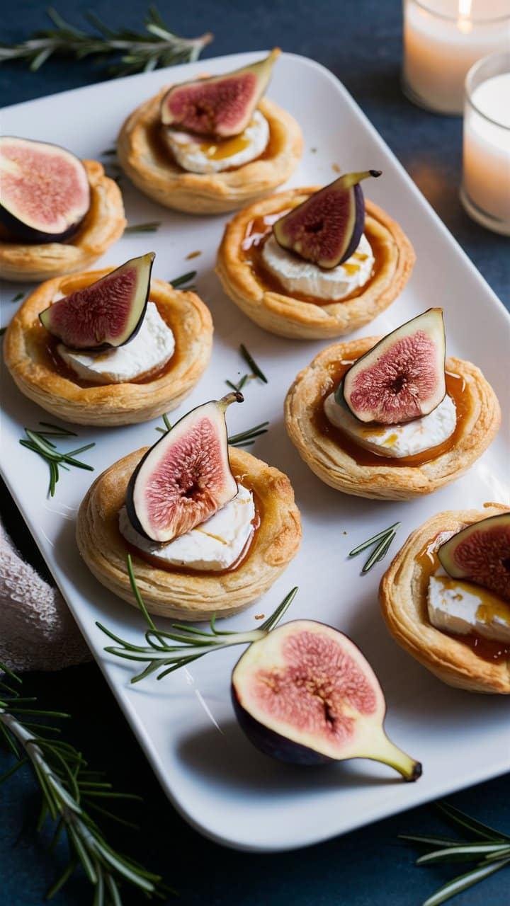 Tartes aux figues et fromage sur plateau.
