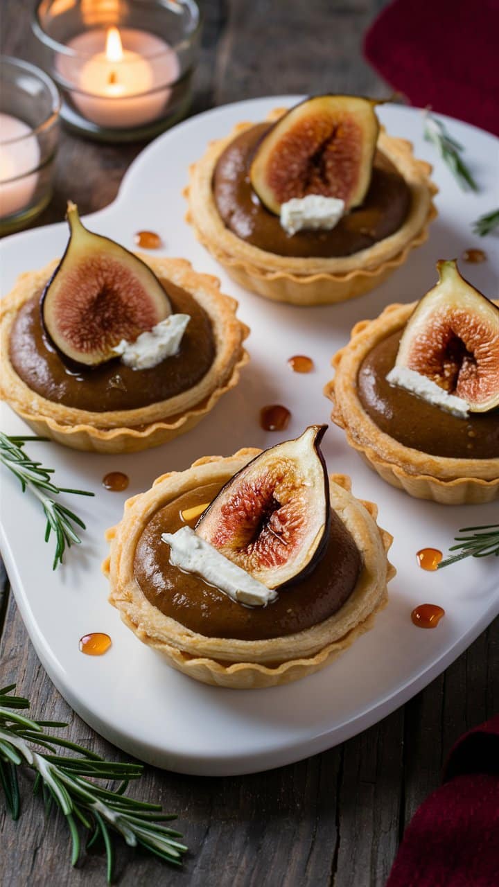 Tartes aux figues et crème sur plateau blanc.