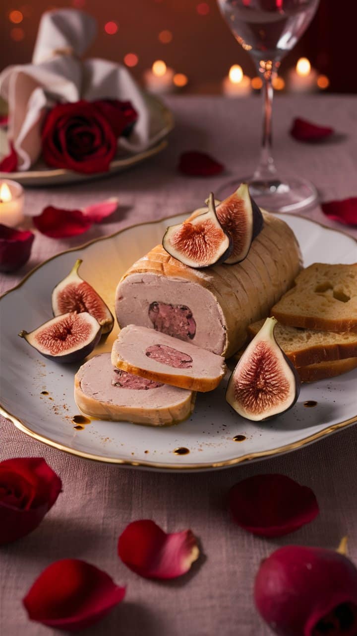 Foie gras tranché avec figues et pétales de rose.