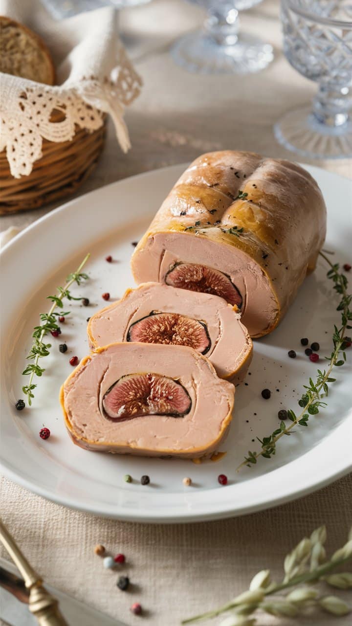 Foie gras avec figues tranchées sur assiette.