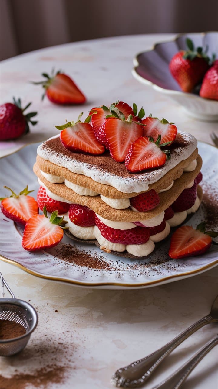 Dessert aux fraises et crème sur assiette blanche.