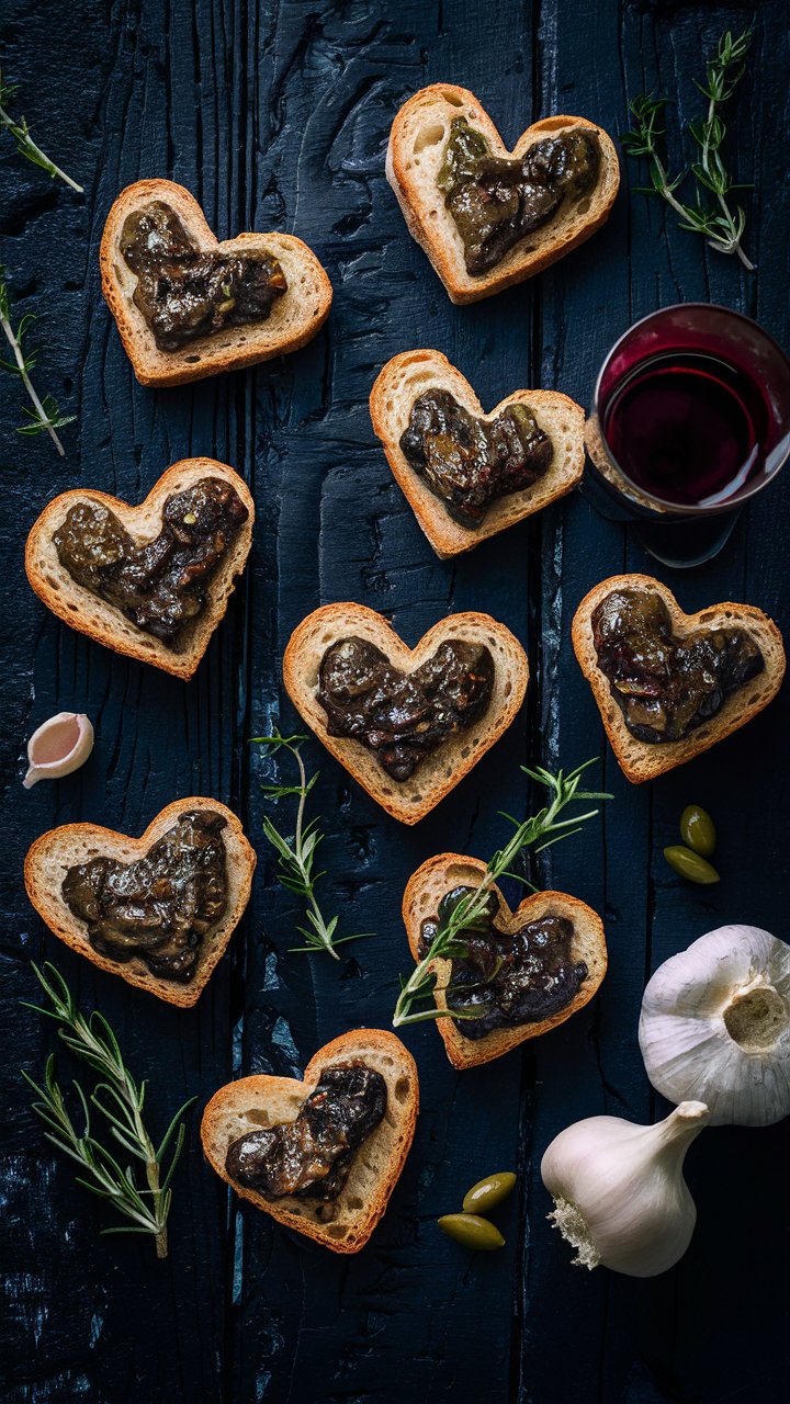 Toasts en forme de cœur avec tapenade.