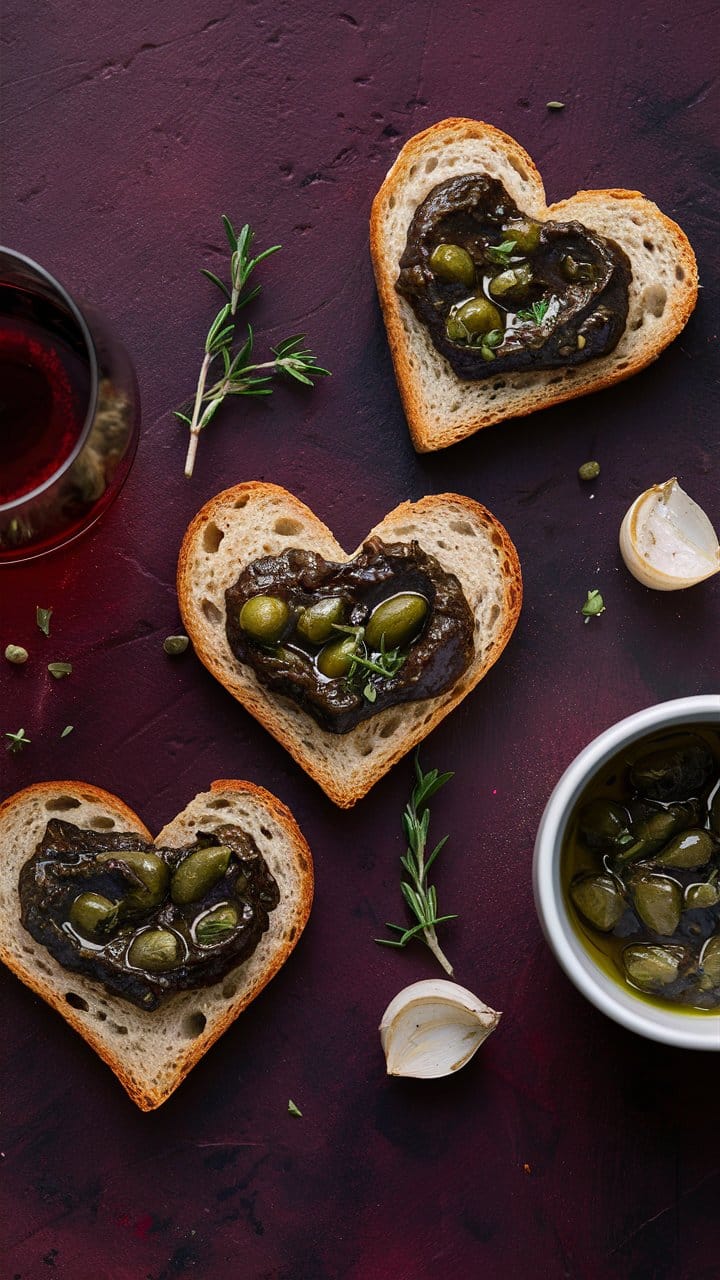 Toasts en cœur avec aubergine et câpres.